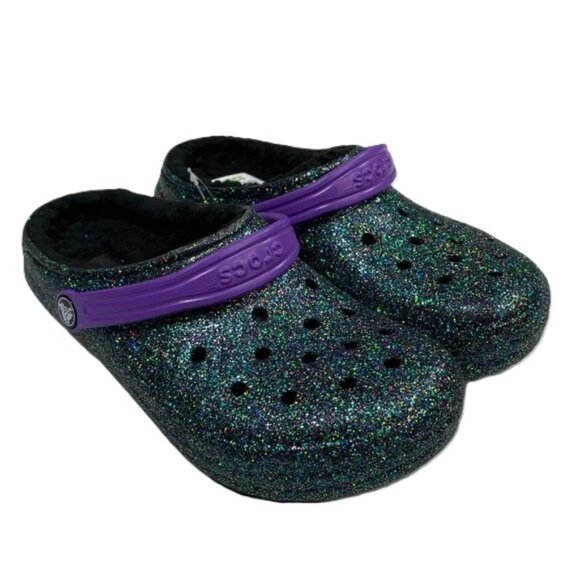 Crocs Starry Skies Multicolor Glitter Slides Fleece Lined Metallic Purple 6 JR - Picture 1 of 6